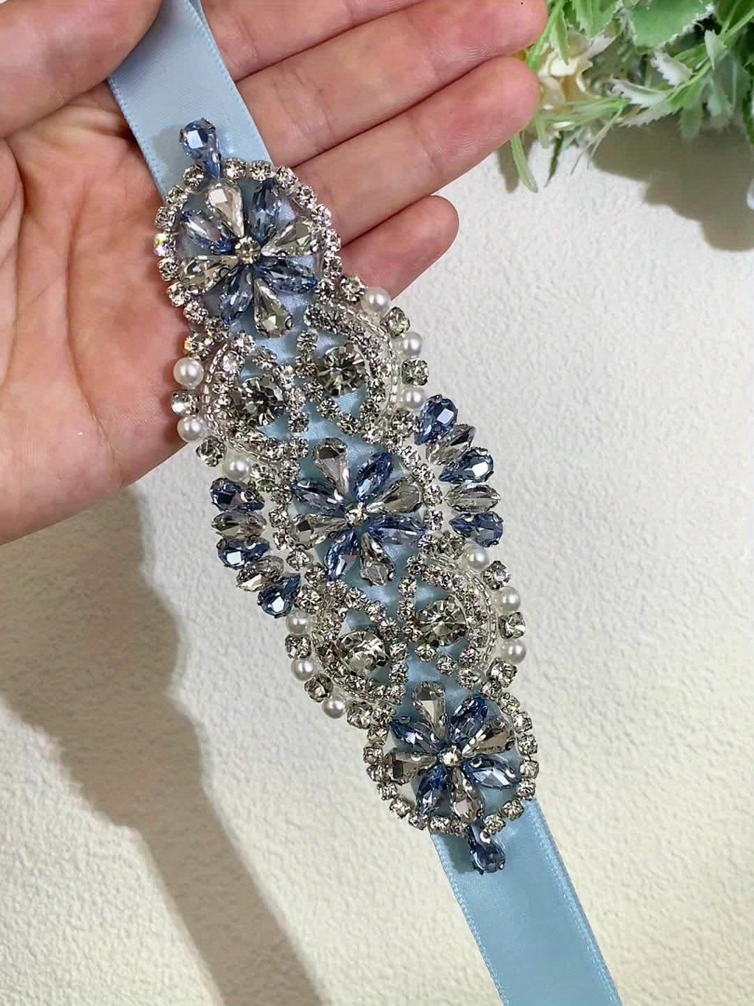1pc Elegant Blue Rhinestone Sash for Brides - Fashionable Wedding Dress Accessory, Women'S Dress Decor for Birthday, Party, Evening Gown - Ideal Gift, Non-Washable