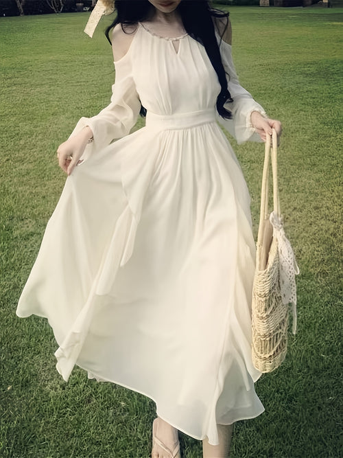 1pc Elegant French Style Women'S Dress - Polyester Chiffon A-Line Round Neck Solid Color with Bow Detail for Spring/Autumn - Breathable 50g/m² Fabric with 8g/m² Lining