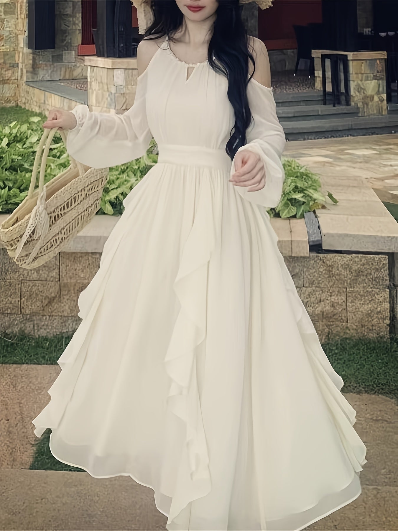 1pc Elegant French Style Women'S Dress - Polyester Chiffon A-Line Round Neck Solid Color with Bow Detail for Spring/Autumn - Breathable 50g/m² Fabric with 8g/m² Lining