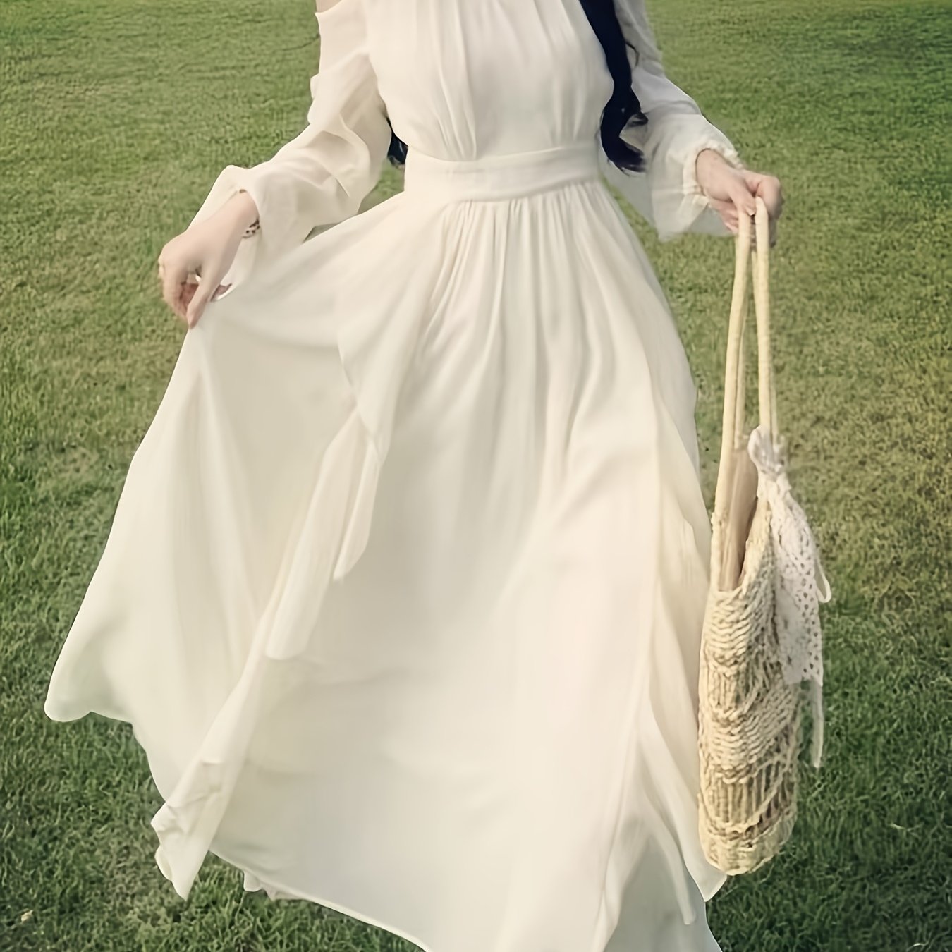 1pc Elegant French Style Women'S Dress - Polyester Chiffon A-Line Round Neck Solid Color with Bow Detail for Spring/Autumn - Breathable 50g/m² Fabric with 8g/m² Lining