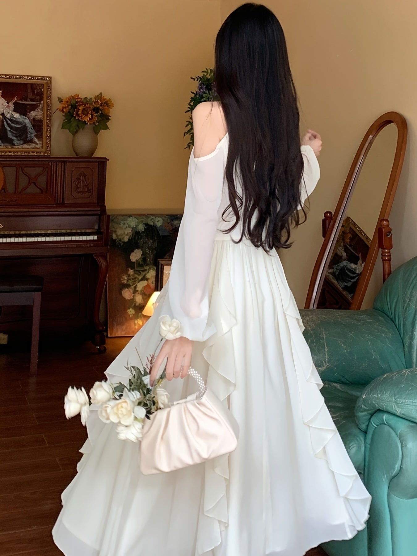 1pc Elegant French Style Women'S Dress - Polyester Chiffon A-Line Round Neck Solid Color with Bow Detail for Spring/Autumn - Breathable 50g/m² Fabric with 8g/m² Lining