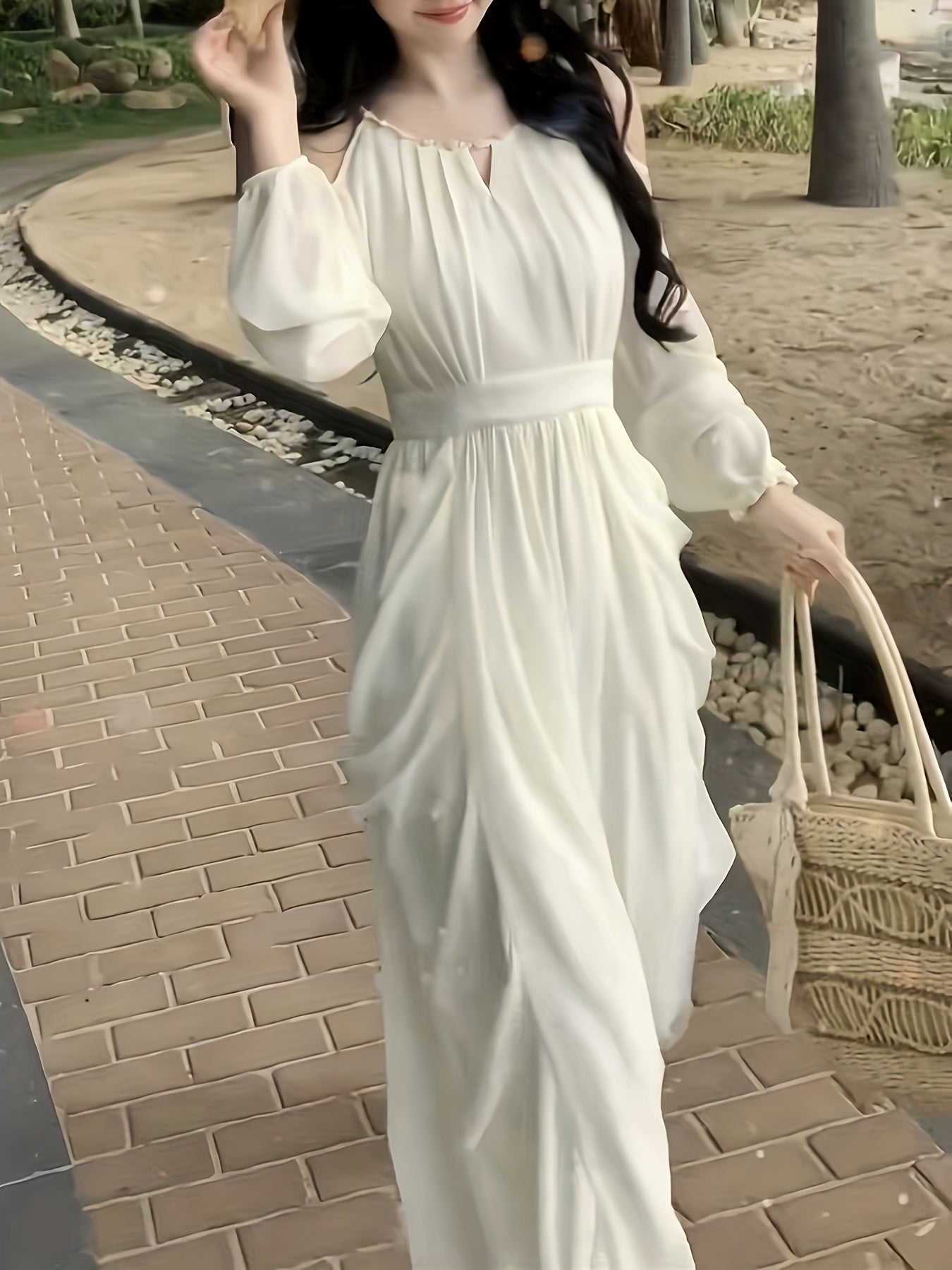 1pc Elegant French Style Women'S Dress - Polyester Chiffon A-Line Round Neck Solid Color with Bow Detail for Spring/Autumn - Breathable 50g/m² Fabric with 8g/m² Lining