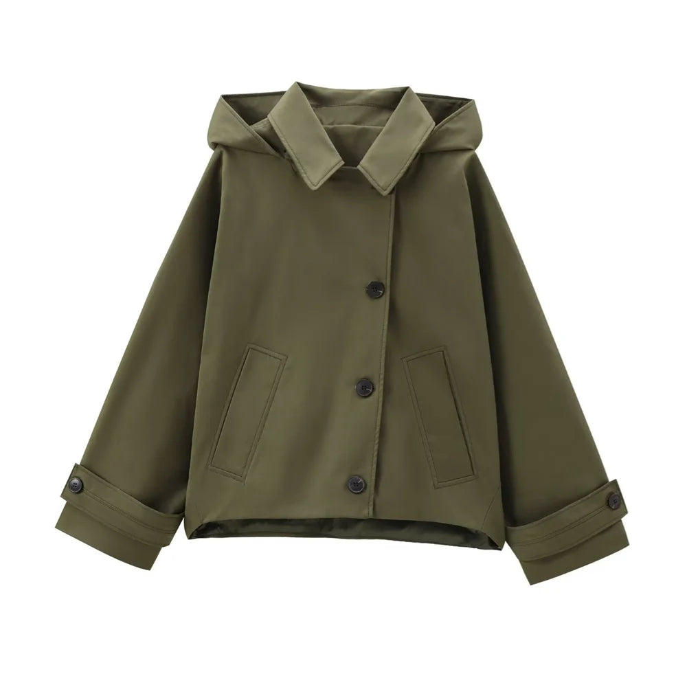 2025 Autumn New European and American Style Hooded Long Sleeved Lapel Jacket Single Breasted Trench Coat Short Jacket
