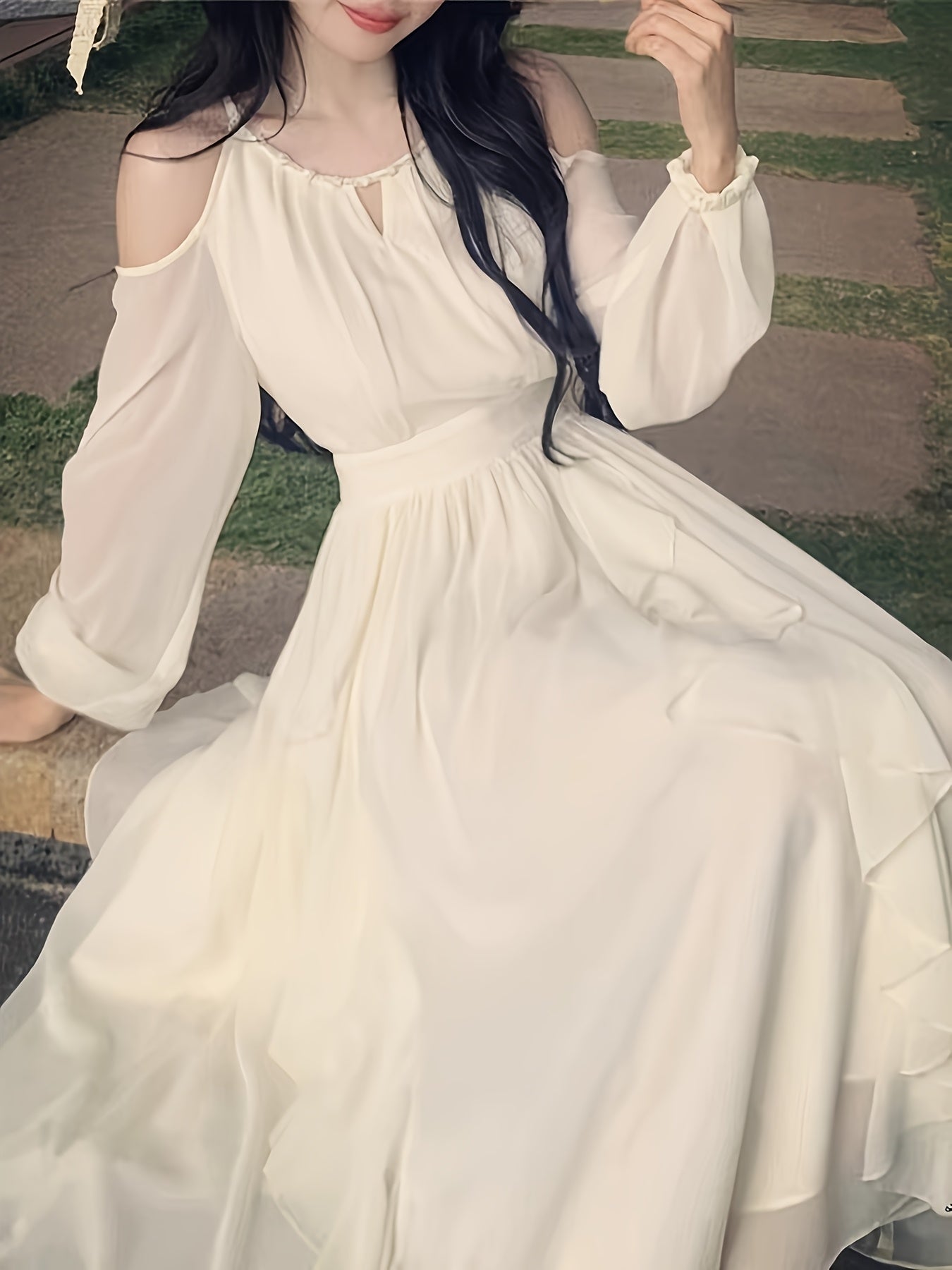 1pc Elegant French Style Women'S Dress - Polyester Chiffon A-Line Round Neck Solid Color with Bow Detail for Spring/Autumn - Breathable 50g/m² Fabric with 8g/m² Lining